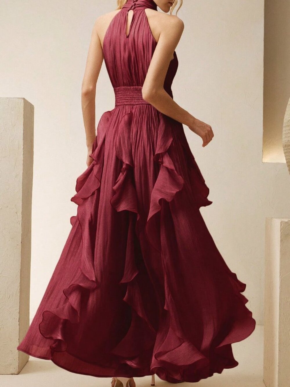 Red Elegant Women's Backless Zipper Long A-Line Dress - Picture 2 of 7